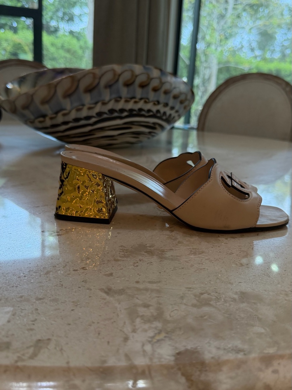 Gucci Women's Beige Slide Sandal with Decorative Gold Block Heel